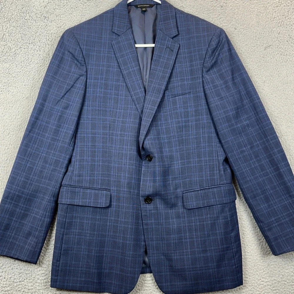 Banana Republic Marlane Wool Blazer Mens 42R Blue Plaid Standard Fit Sport Coat